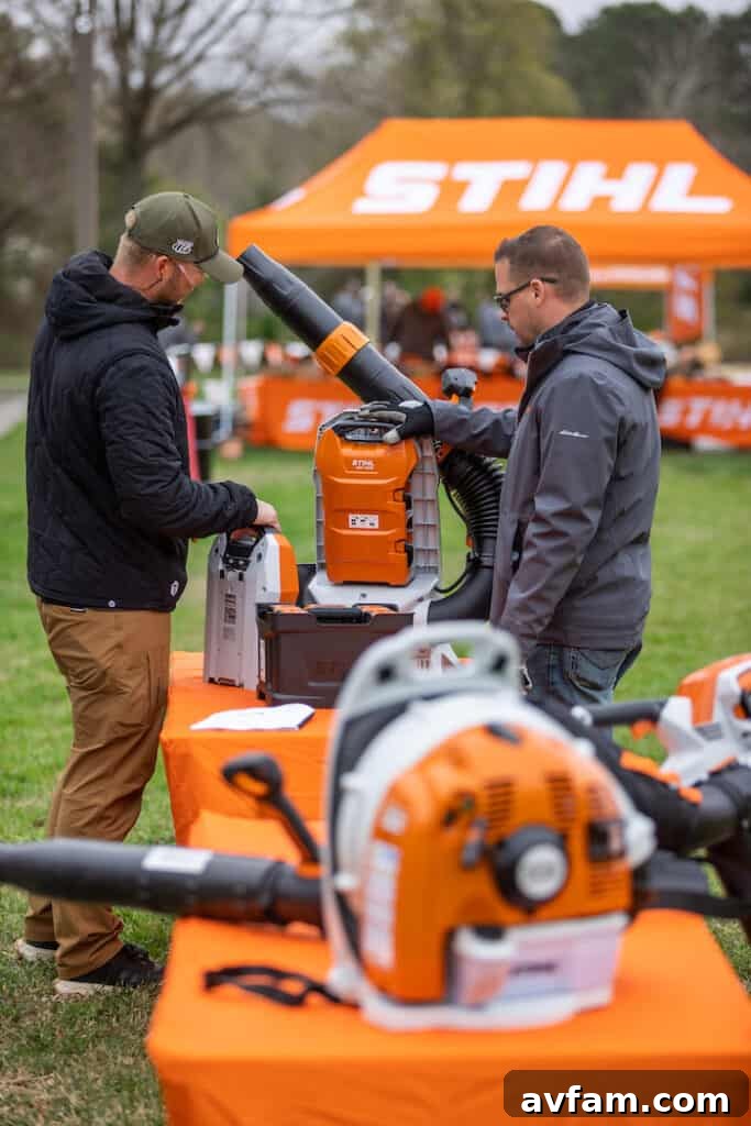 Stihl Tool Showcase An array of Stihl battery-powered tools laid out for a product showcase, highlighting their diverse applications.