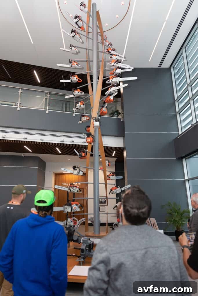 Stihl USA Chainsaw Helix Standing at the base of the majestic Chainsaw Helix sculpture at Stihl USA in Virginia Beach, VA, a symbol of power and precision.