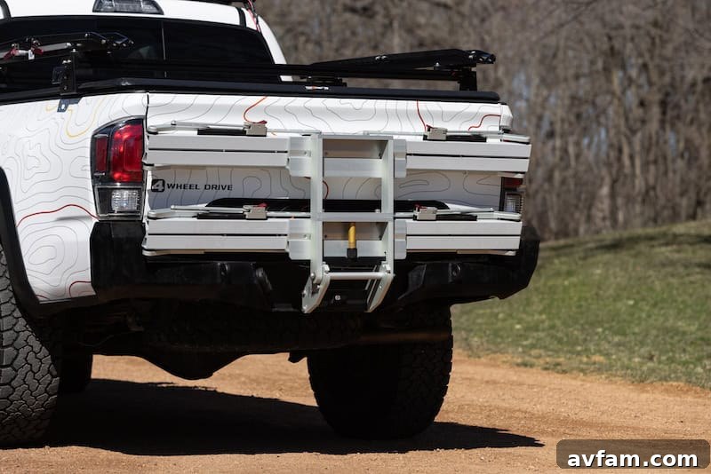 Detail of the 1UP USA Super Duty Hitch Rack's redesigned levers for one-handed operation.