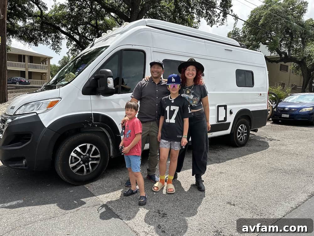 A family smiling in front of a luxury Blacksford RV, ready for adventure.