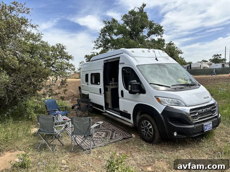A Blacksford RV traveling down a scenic highway, illustrating the joy of the open road.