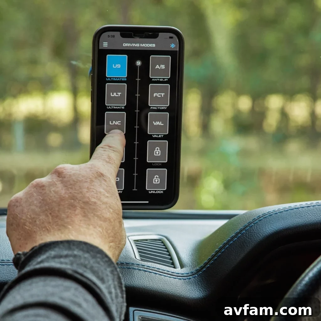 The sleek OLED display of the Ultimate9 evcX throttle controller, showing current settings and offering intuitive control.