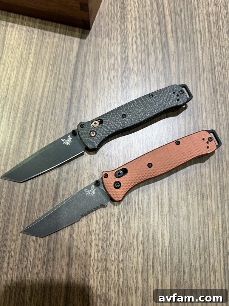 Benchmade Gold Class Mini Barrage knife with carbon fiber and S90V blade.