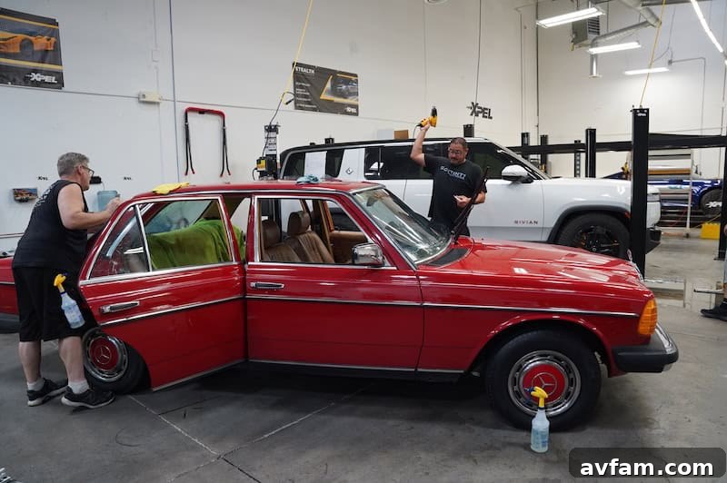 Rear view of classic Mercedes 300D with Xpel tint