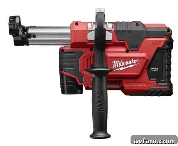 Milwaukee M12 HAMMERVAC Universal Dust Extractor with its features highlighted