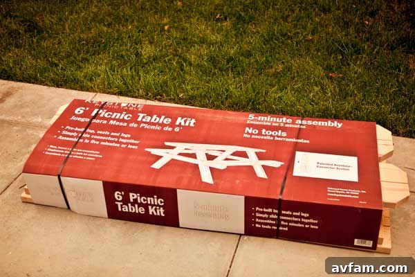 Pre-assembled or easy-assembly picnic table kit from an online retailer, highlighting ease of setup.