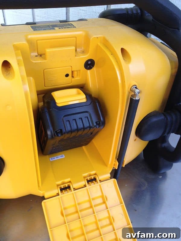 Close-up of DeWALT 20V MAX battery inserted into DCR015