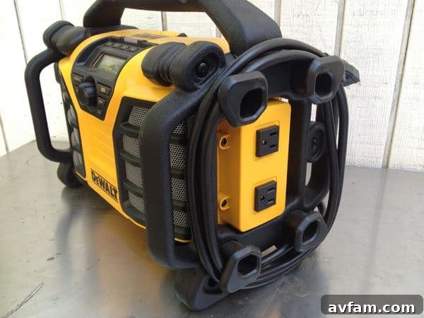DeWALT DCR015 with integrated 120V power outlets