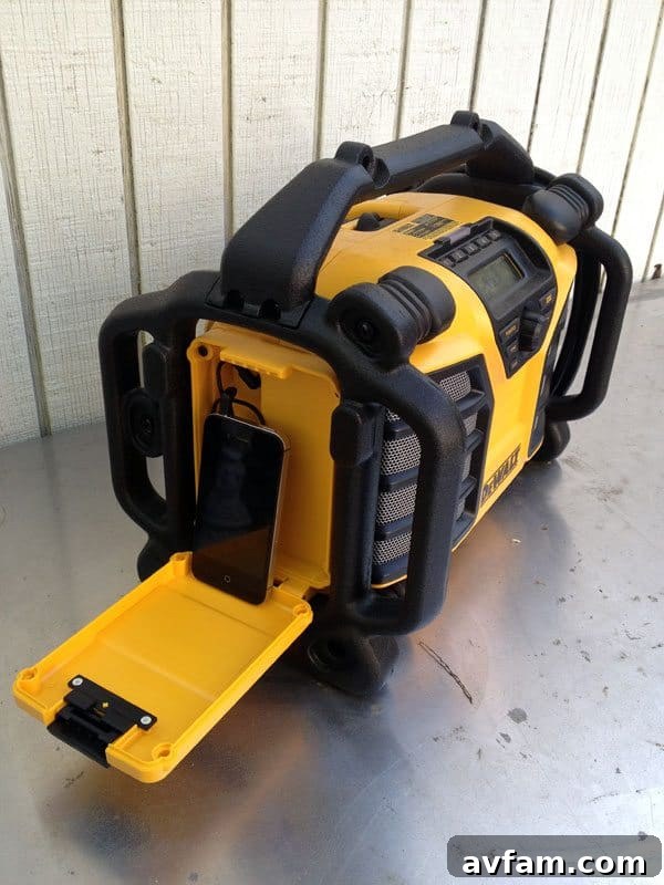 DeWALT DCR015 connected to an iPod via auxiliary input