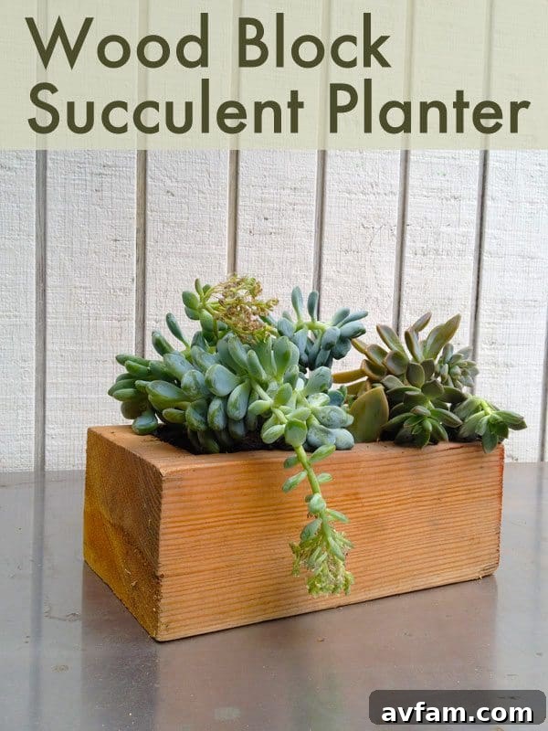 Handcrafted wood block succulent planter displaying beautiful succulents, perfect for modern home decor.