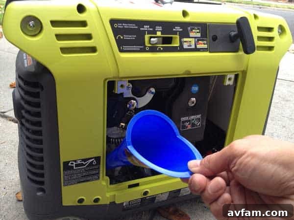 Adding Oil Adding oil to the Ryobi RYi2200 Inverter Generator