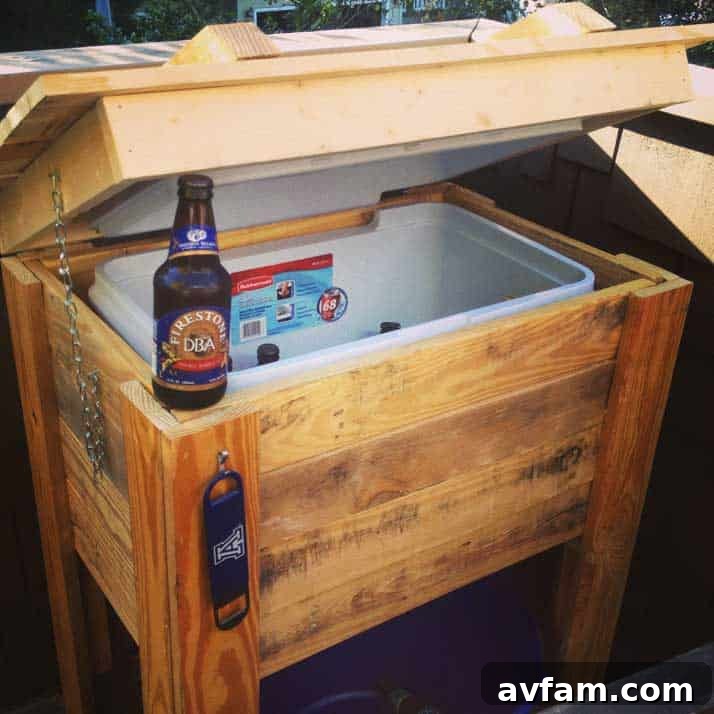 DIY Pallet Cooler Stand Inspiration Finished pallet cooler stand with built-in cooler, ready for outdoor use
