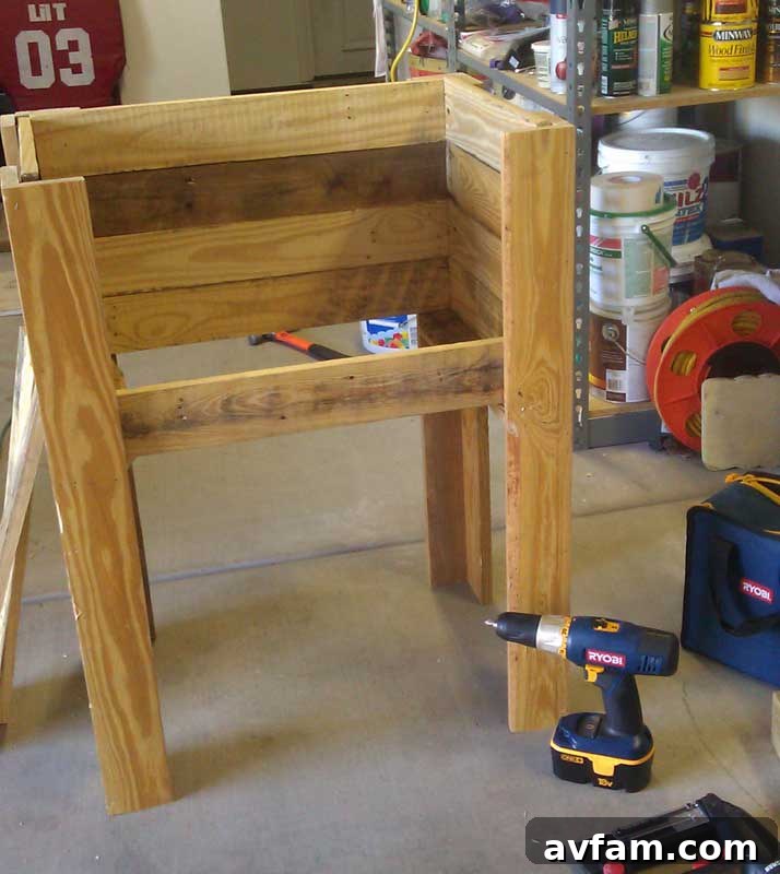 Secure Shelf Attachment Close-up of the securely fastened lower shelf on the wooden stand
