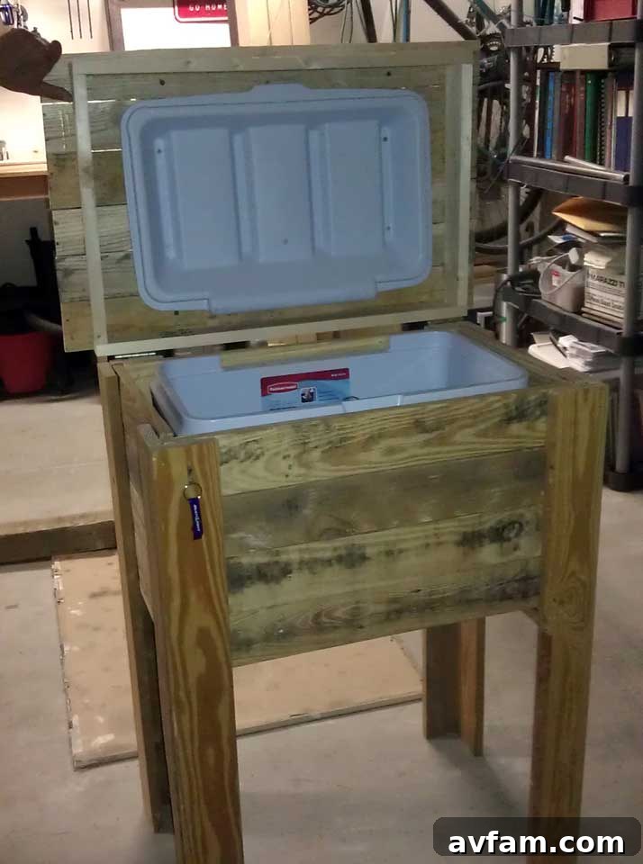Finishing the Cooler Stand Applying wood stain or sealant to the completed pallet cooler stand