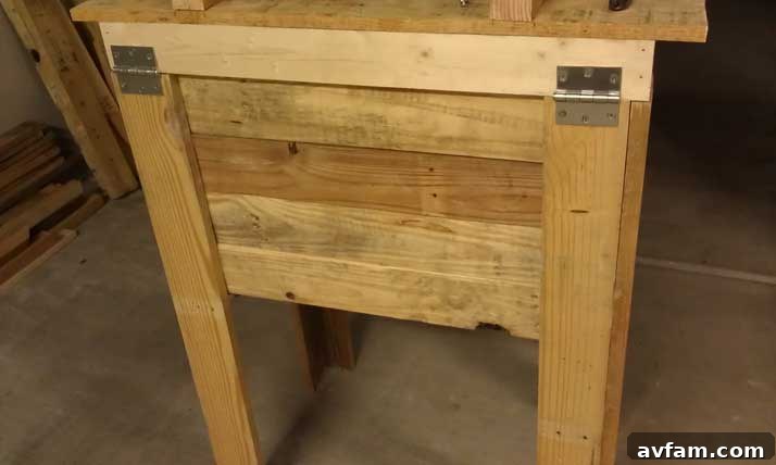 Front View of Pallet Cooler Stand Front view of the rustic pallet cooler stand, showcasing its functionality