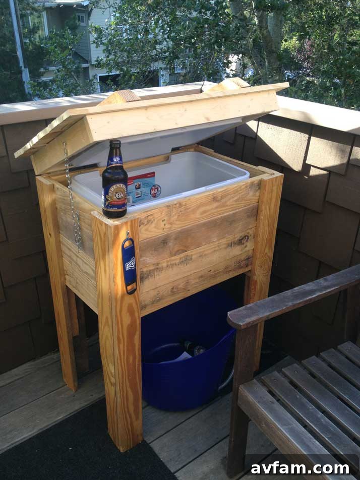 Ready Pallet Cooler Stand Another perspective of the beautifully crafted pallet cooler stand, ready for use