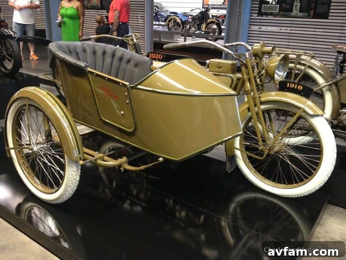 Vintage 1918 Harley-Davidson motorcycle display at the museum.