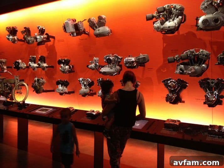 Collection of historic Harley-Davidson engines at the museum.