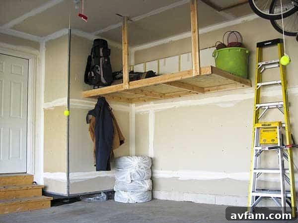 high-storage-garage - Simple hanging shelf design with hooks