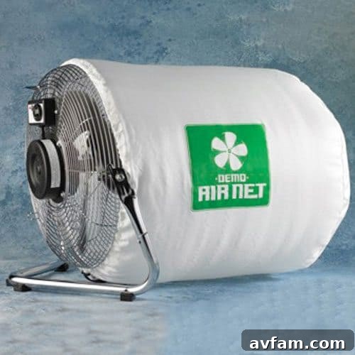 Large air ventilation fan for improving air quality in a workshop.