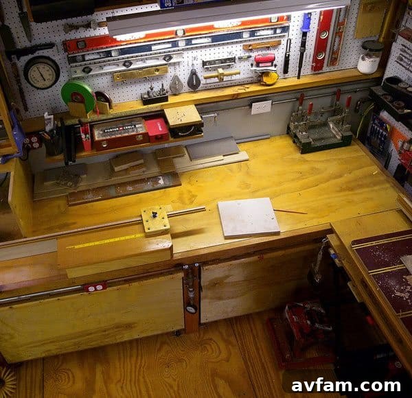 A clean and organized garage worktable with tools ready for use.