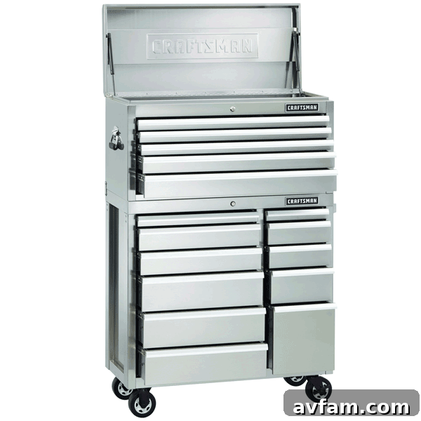 Stainless steel Craftsman tool storage unit with multiple drawers.