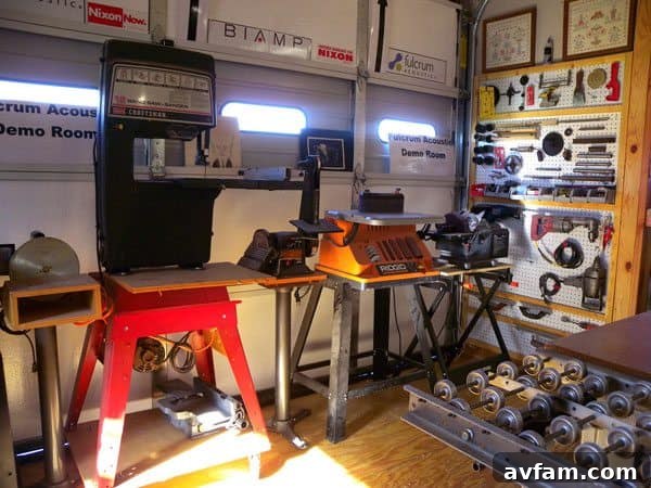 A woodworking bandsaw in operation, demonstrating advanced workshop tools.