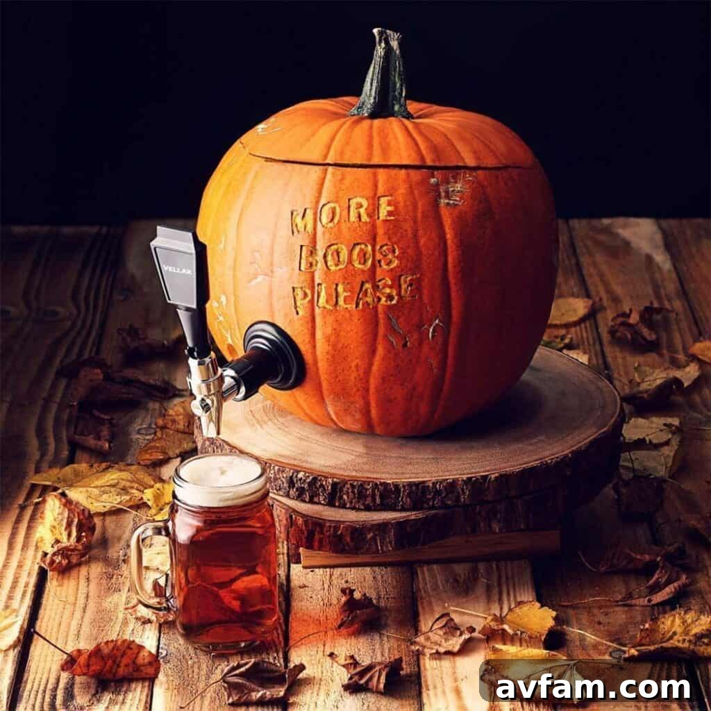 Festive pumpkin with a beverage tap installed, ready for a Halloween party