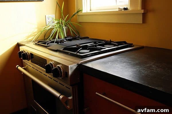 Customizable concrete kitchen countertops with unique embedded inlays, perfect for bespoke designs