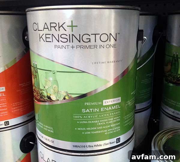 Clark + Kensington Paint Can Can of Clark + Kensington ultra-white satin paint with integrated primer, ready for use.