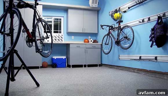 The finished Ram Cave, a transformed garage for outdoor gear and workshop activities