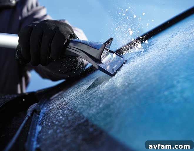 TRUE TEMPER Scratch Free Snow Brush with EVA foam, demonstrating its safe and effective use on a car windshield
