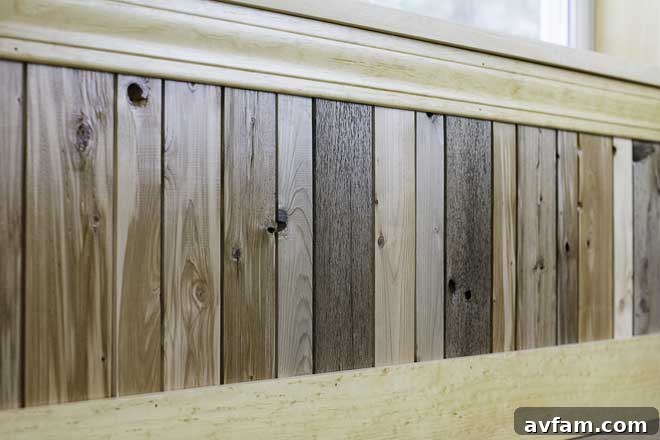Detailed view of reclaimed wood texture Close-up of Maine Heritage Timber Reclaimed Wainscoting