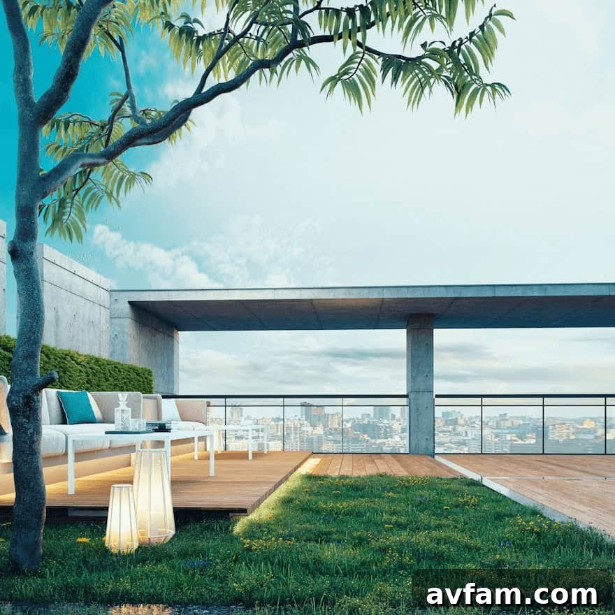 White couch on green field for flat roof design inspiration