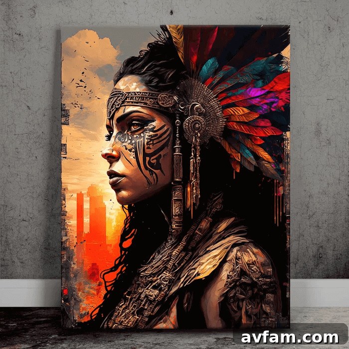 Stunning fantasy art as a focal point Native American woman wearing headdress painting