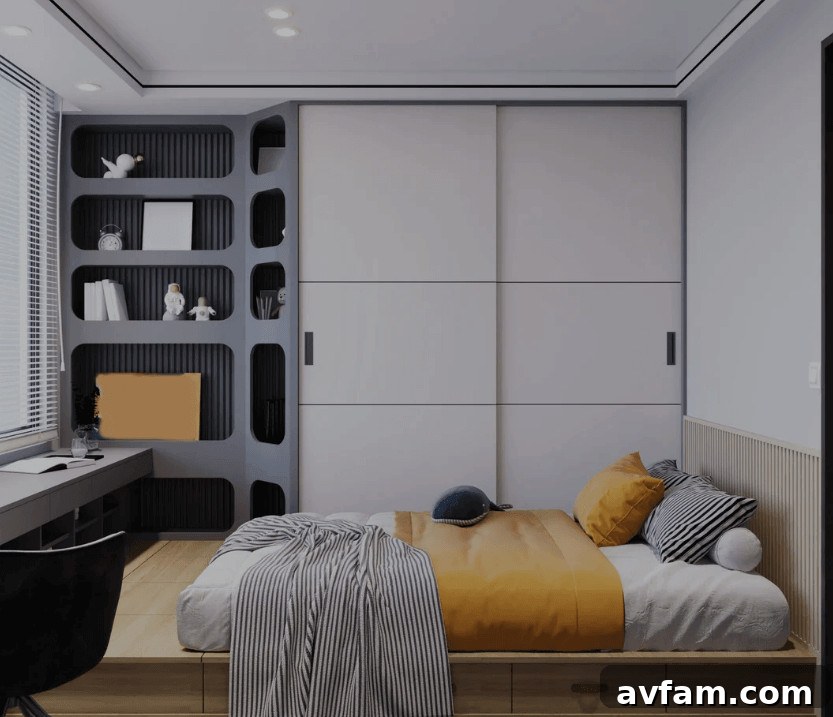 Small bedroom with light walls, minimalist decor, and a bed with under-bed storage, making the room feel spacious.