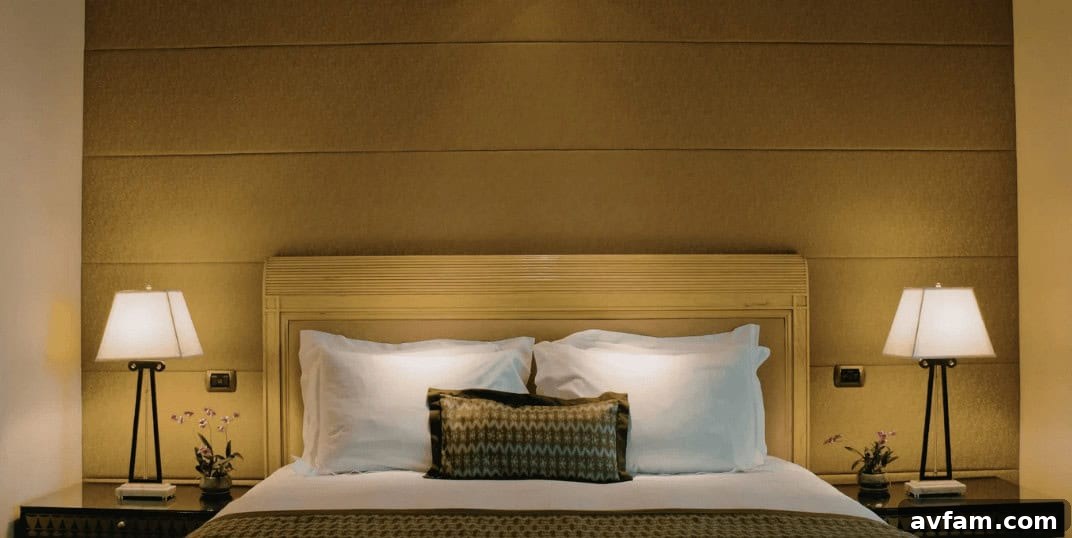 Wall-mounted bedside lamps providing focused lighting in a small, modern bedroom, saving nightstand space.