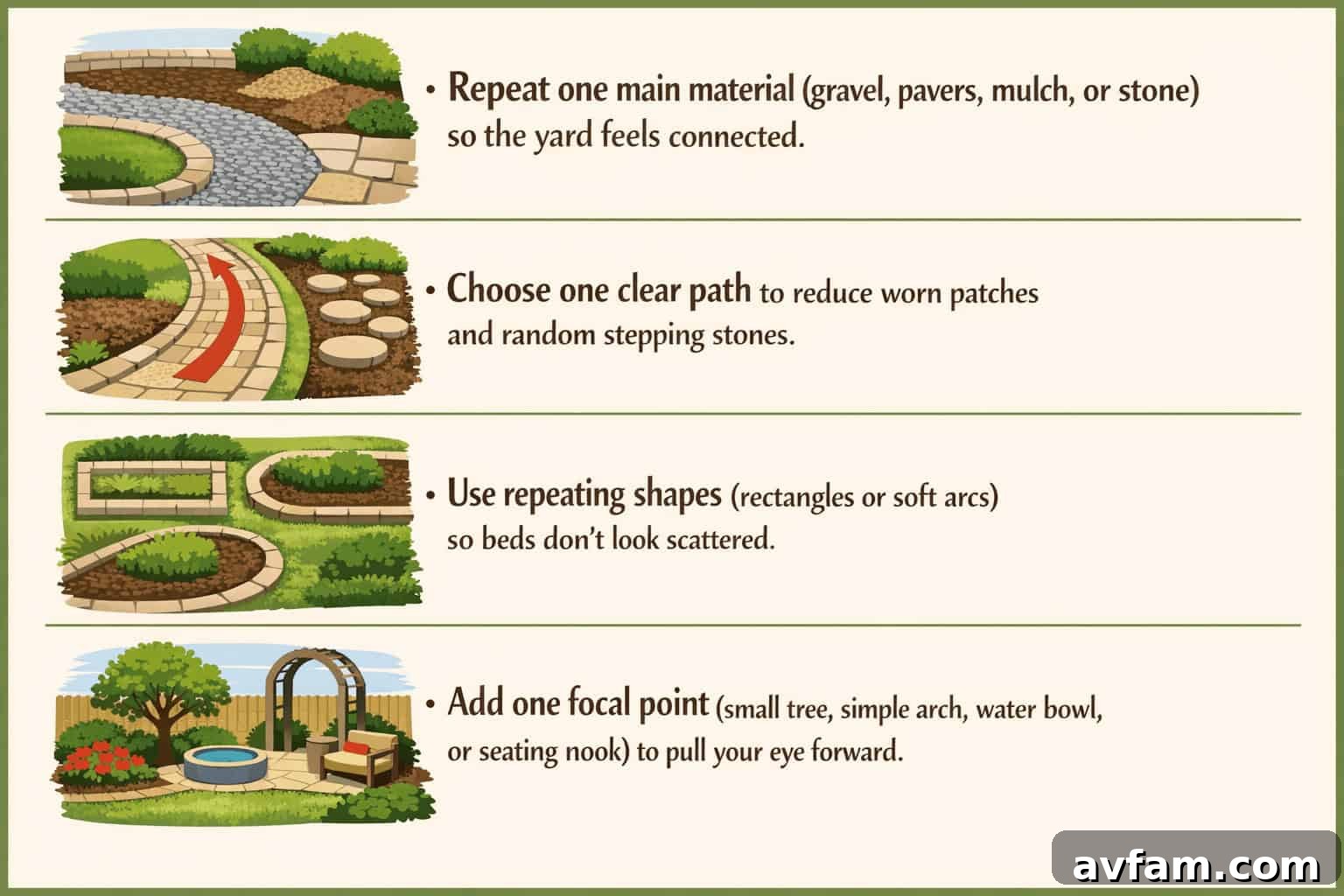 Garden layout with clear paths and zones