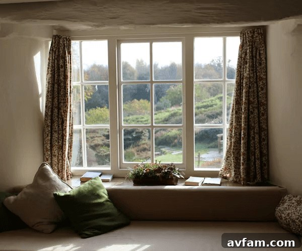 Cozy window seat with pillows and plant, bathed in natural light