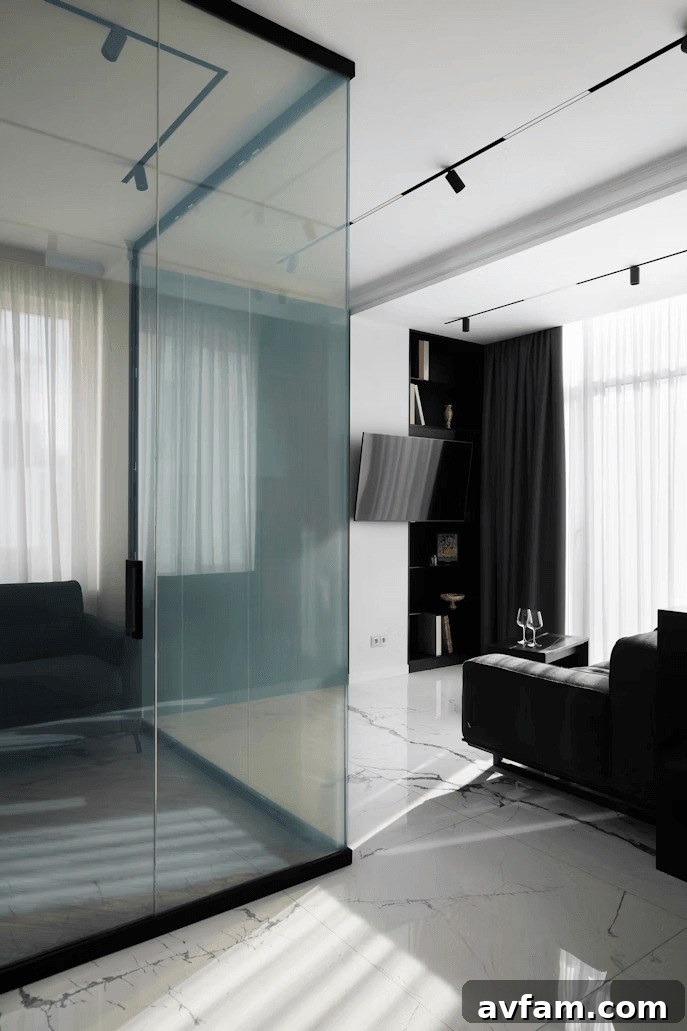 Living room with glass wall, ready for blackout