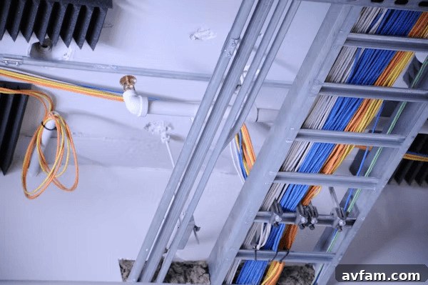 Messy electrical wires hanging on a wall