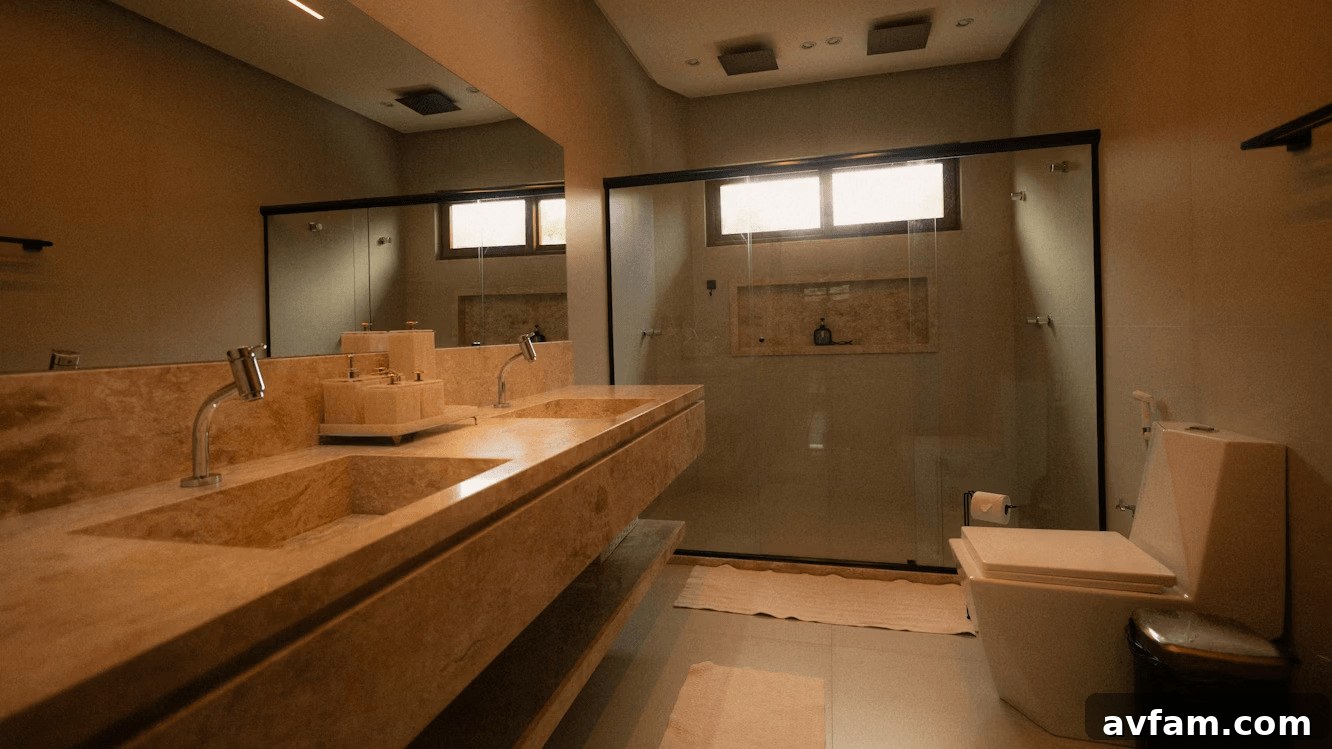 Compact bathroom with double vanity and toilet