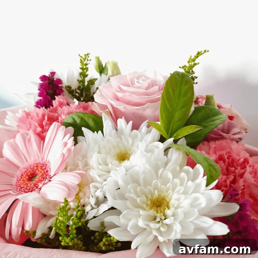 Pink and white Mother's Day bouquet on a table