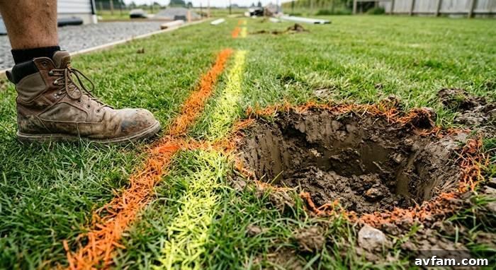 Close-up of color-coded utility line markings in orange and yellow spray paint on green grass next to a freshly dug post hole
