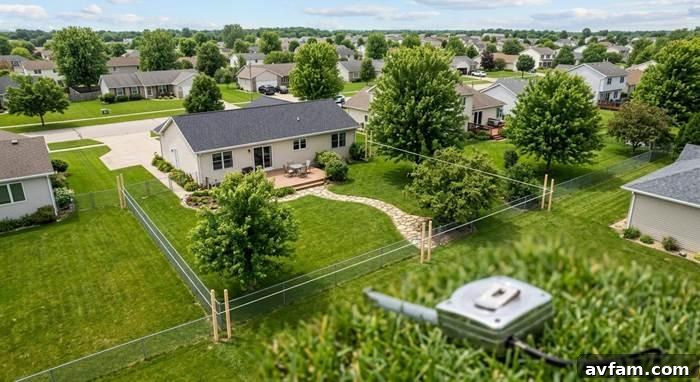 Overhead view of a residential yard with property boundary lines marked with stakes and string, a tape measure in the foreground on green grass