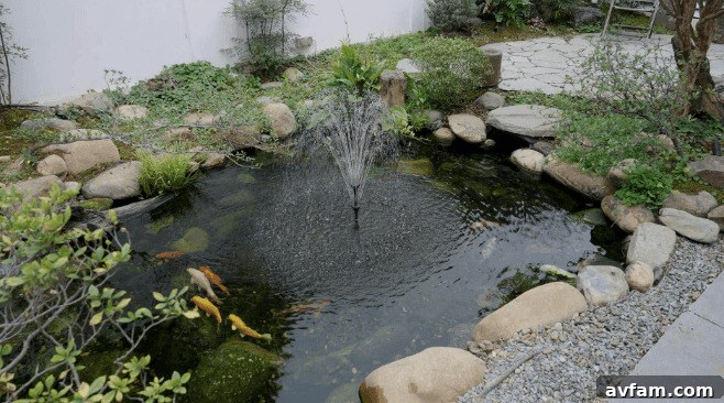 A solar pond filter pump system with its solar panel placed next to a beautiful garden pond.