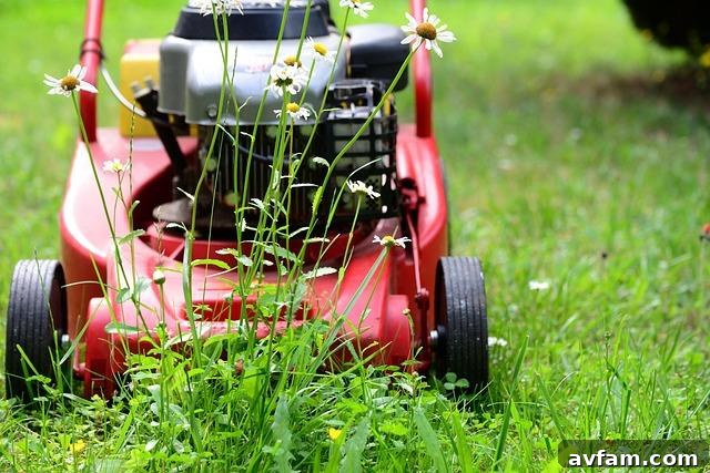 Lawn Mower in Action Close-up of a lawn mower cutting grass