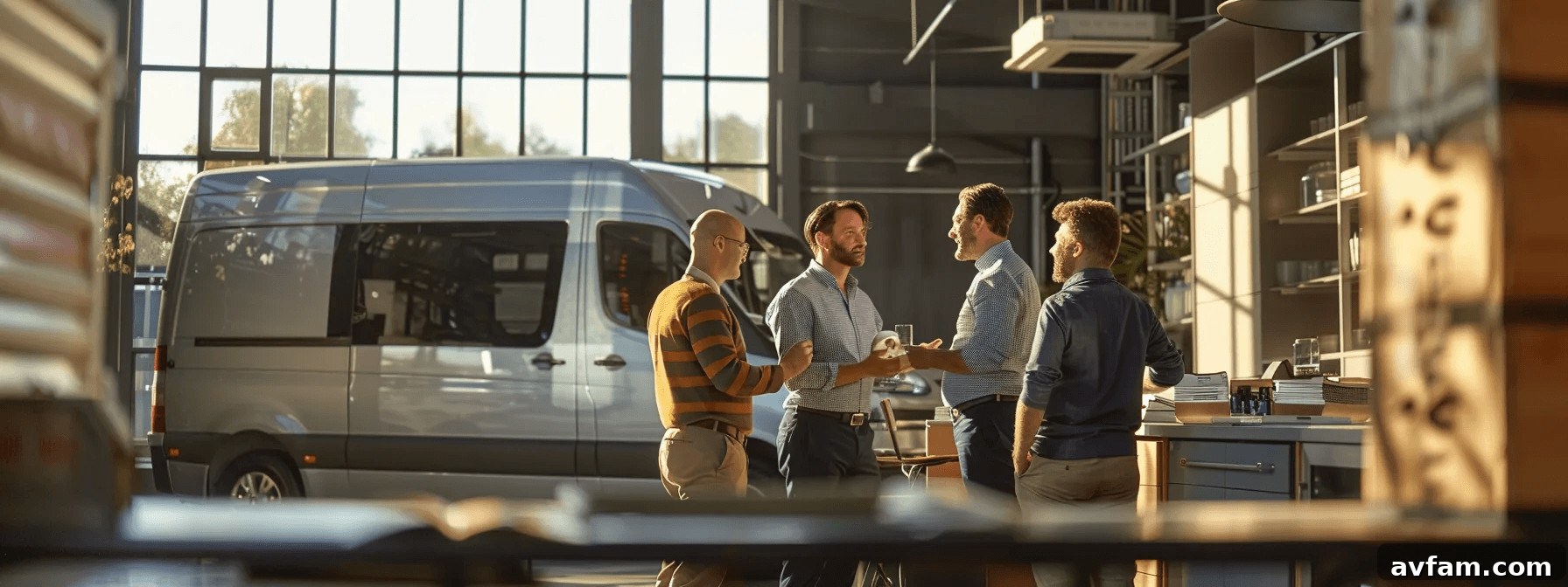 A team of friendly, professional local plumbers standing confidently in front of their service vehicle.