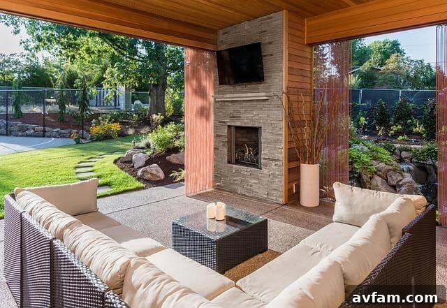 A modern living room interior with a large sofa facing a fireplace and a view of an outdoor deck.