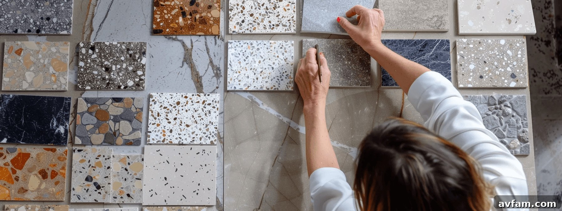 Installing Terrazzo Bathroom Tile A close-up of a woman carefully installing a large, neutral-toned terrazzo bathroom tile on a floor.